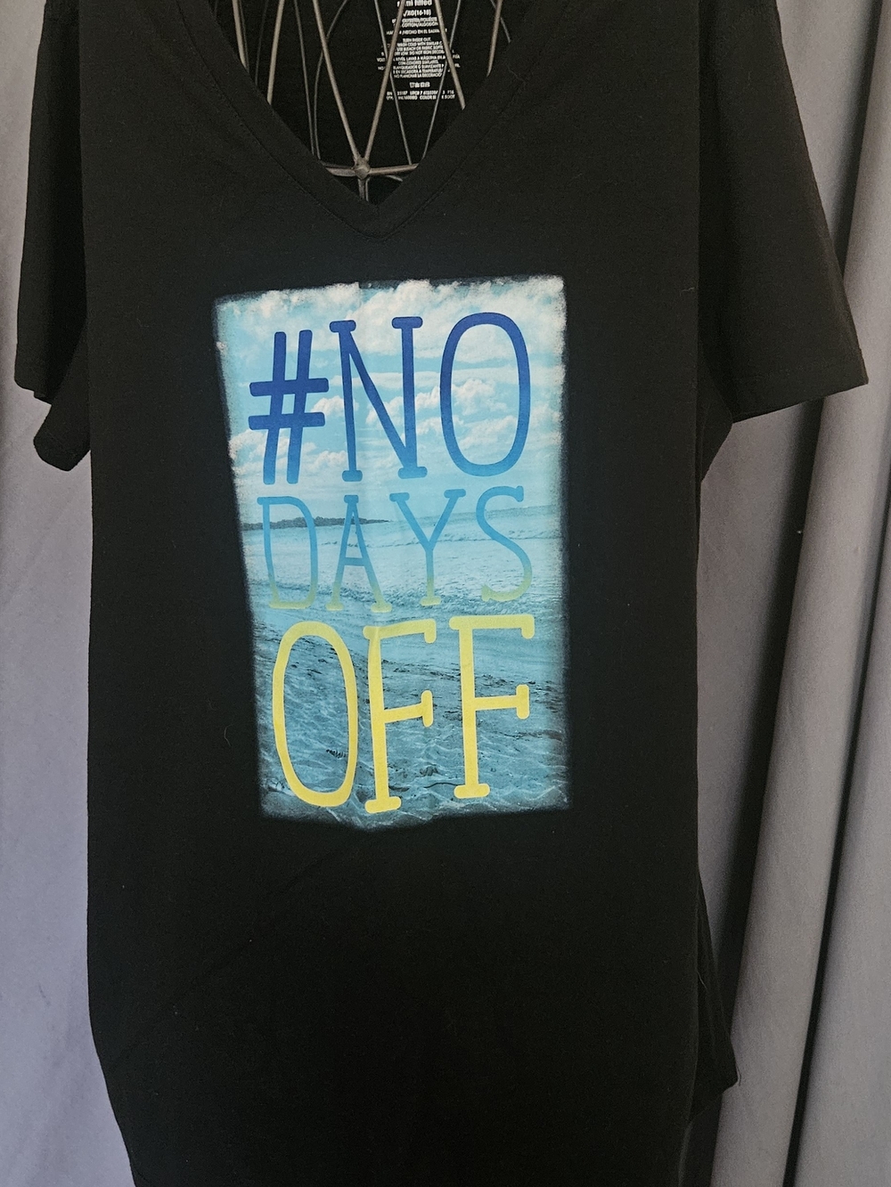 Danskin Black V-Neck Tee with Blue and Yellow #NO DAYS OFF Graphic